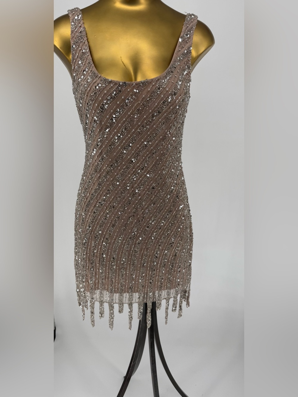 NWT Nasty Gal Taupe Beaded Mini Dress with Fringe size 6